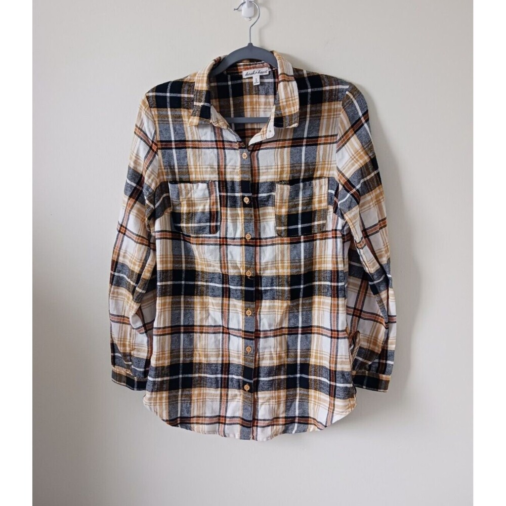 Derek Heart Women's Button Up Flannel Long Sleeve Yellow Gray Plaid Shirt Size M